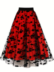 Floral Print Mesh High Rise A line Plus Size Skirt