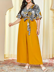 Boho Jumpsuit Colorblock Scarf Print Flutter Sleeve Surplice Neck Belt