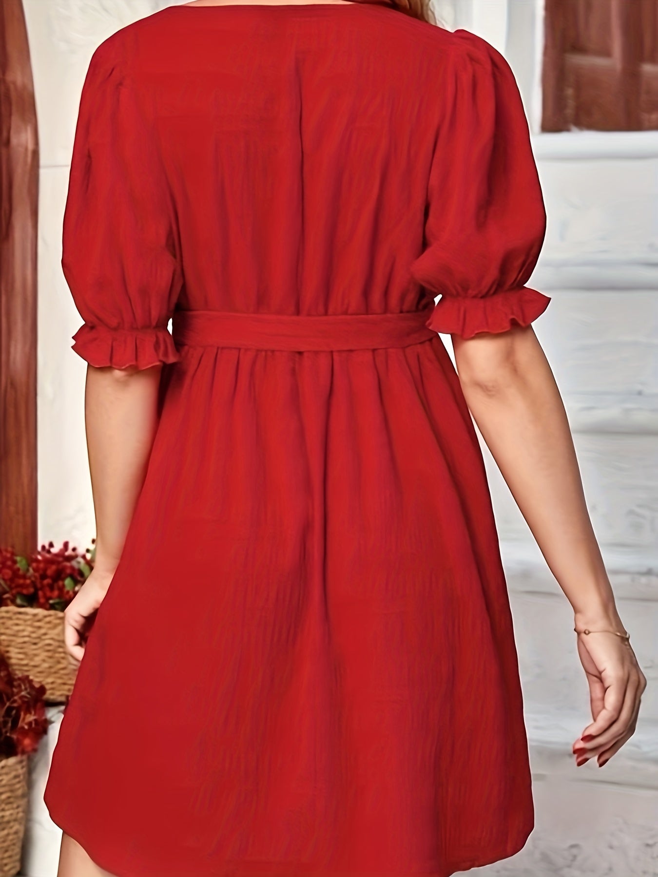 Plus Size Solid Ruffle Trim Puff Sleeve Dress With Belt