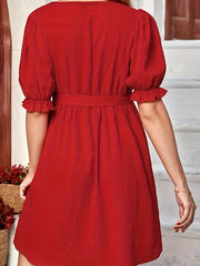 Plus Size Solid Ruffle Trim Puff Sleeve Dress With Belt