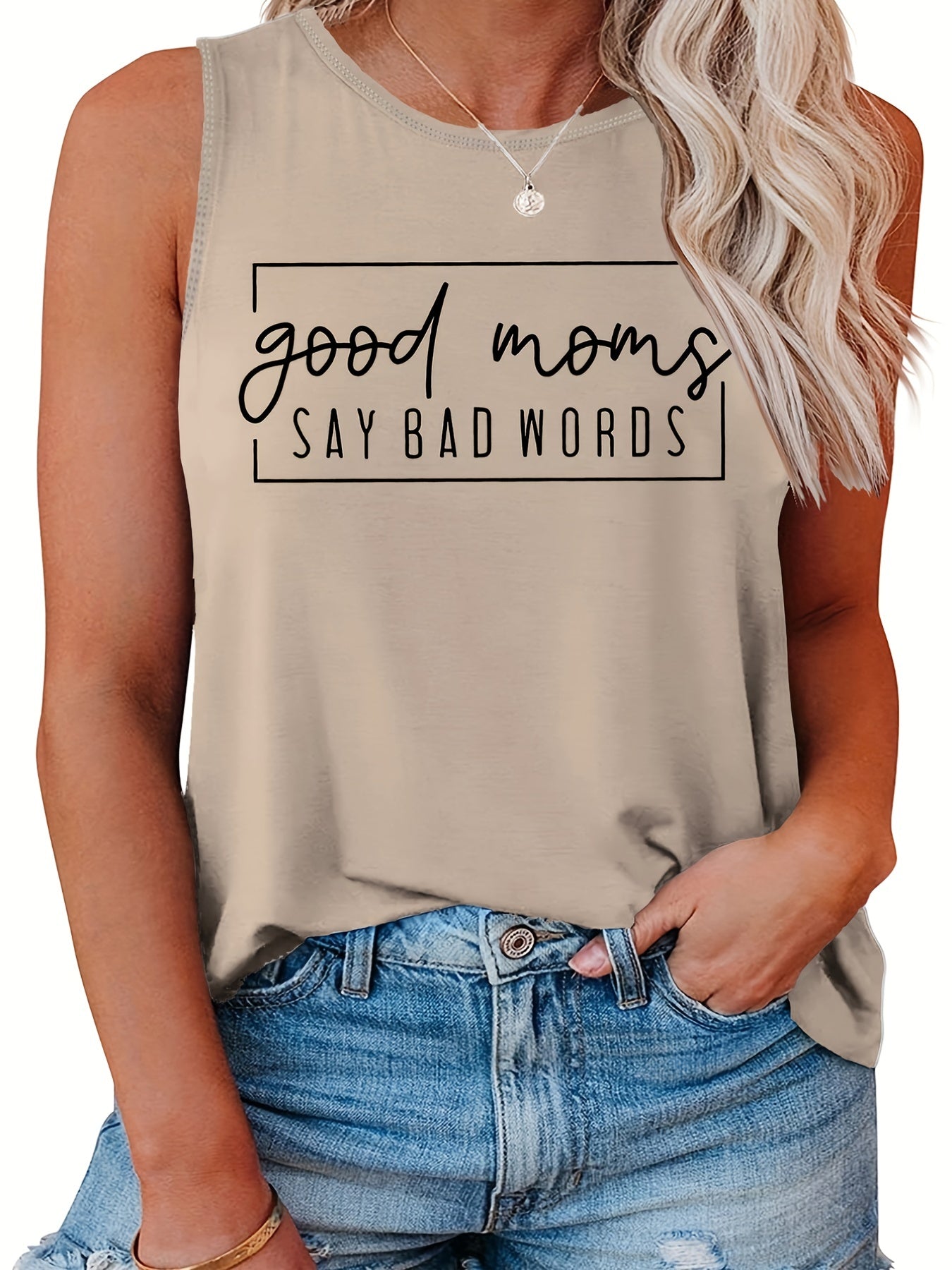 Casual Top Women's Plus Slogan Print Round Neck Tank Top