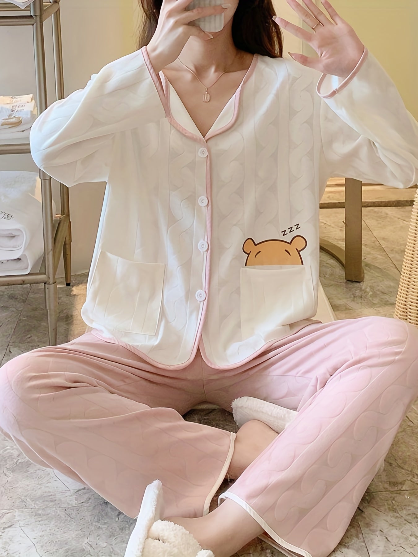 Cartoon Print Pajama Set Long Sleeve Top & Pants Women's Sleepwear