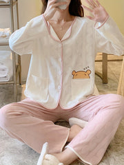 Cartoon Print Pajama Set Long Sleeve Top & Pants Women's Sleepwear