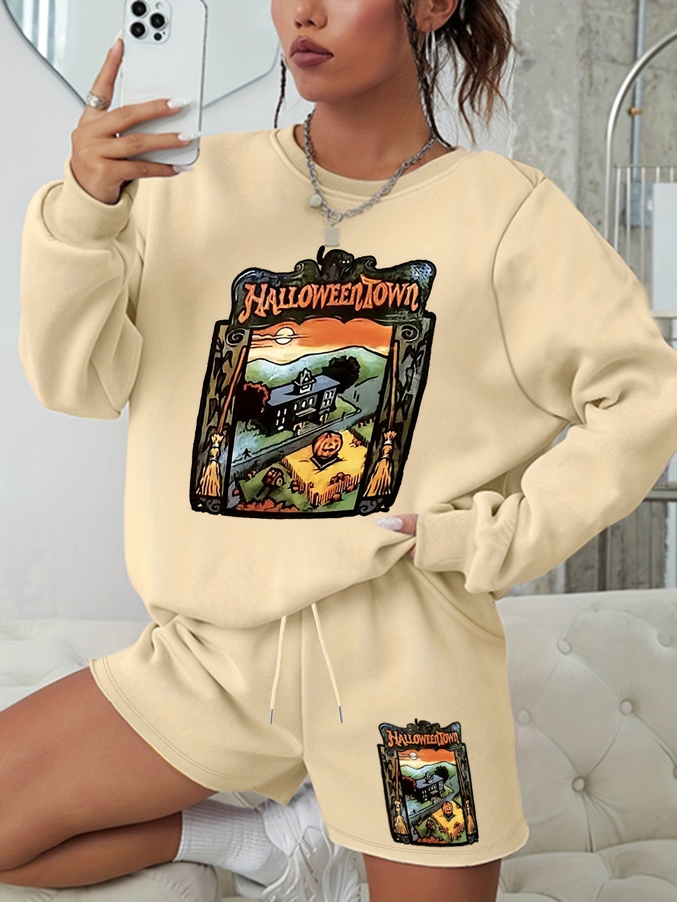 Halloween 2pcs Set Women's Graphic Sweatshirt & Shorts