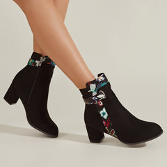 Floral Pattern Boots Point Toe Block Heel Side Zipper Winter Shoes