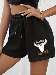 Cow Head & Letter Print Shorts Casual Drawstring Elastic Waist Summer Shorts