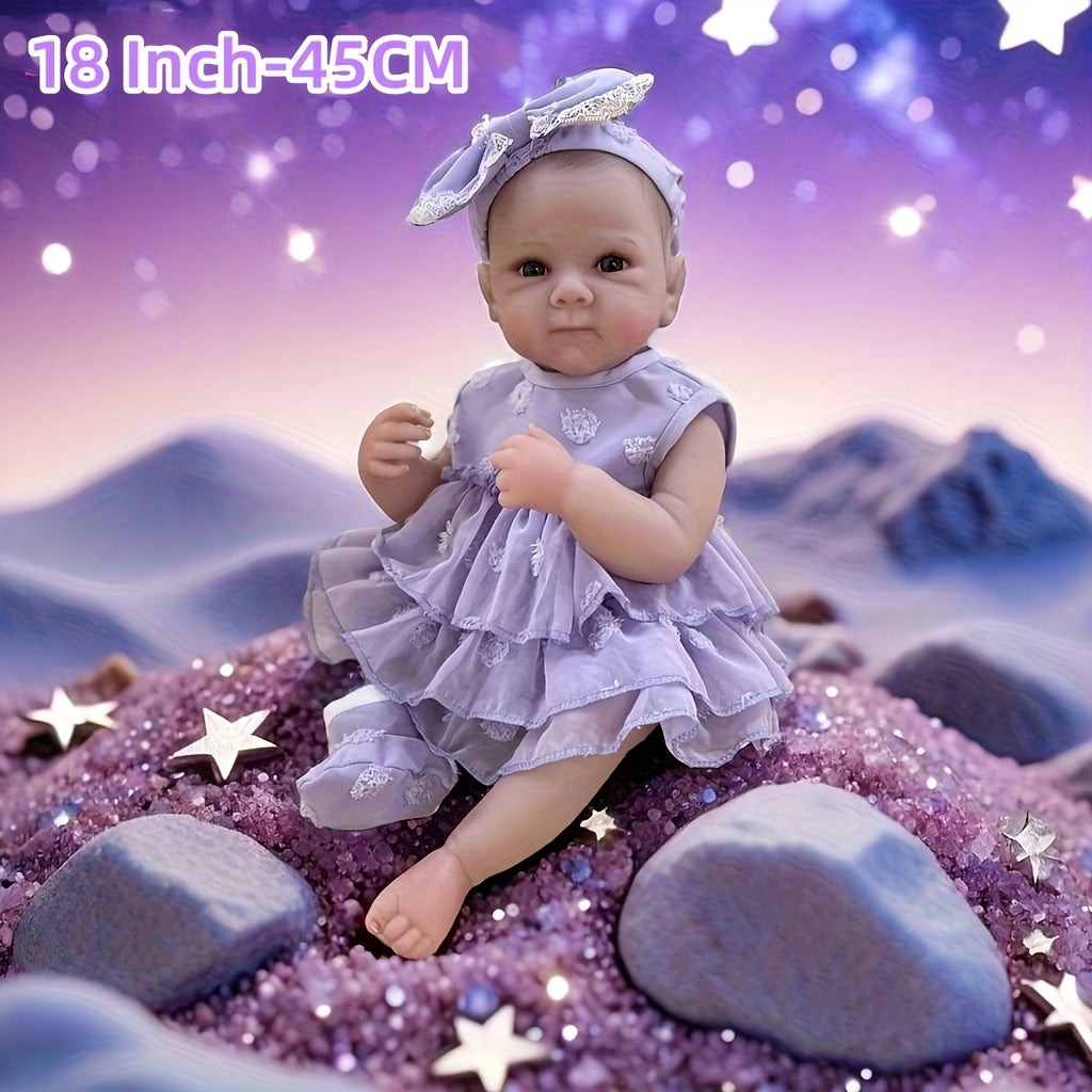 Open Eyes Bettie Full Body Vinyl Girl Doll with Painted Hair in Purple Dress
