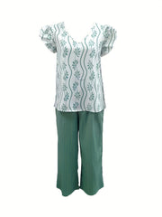 Ruffle Sleeve V Neck Blouse & Wide Leg Pants Set