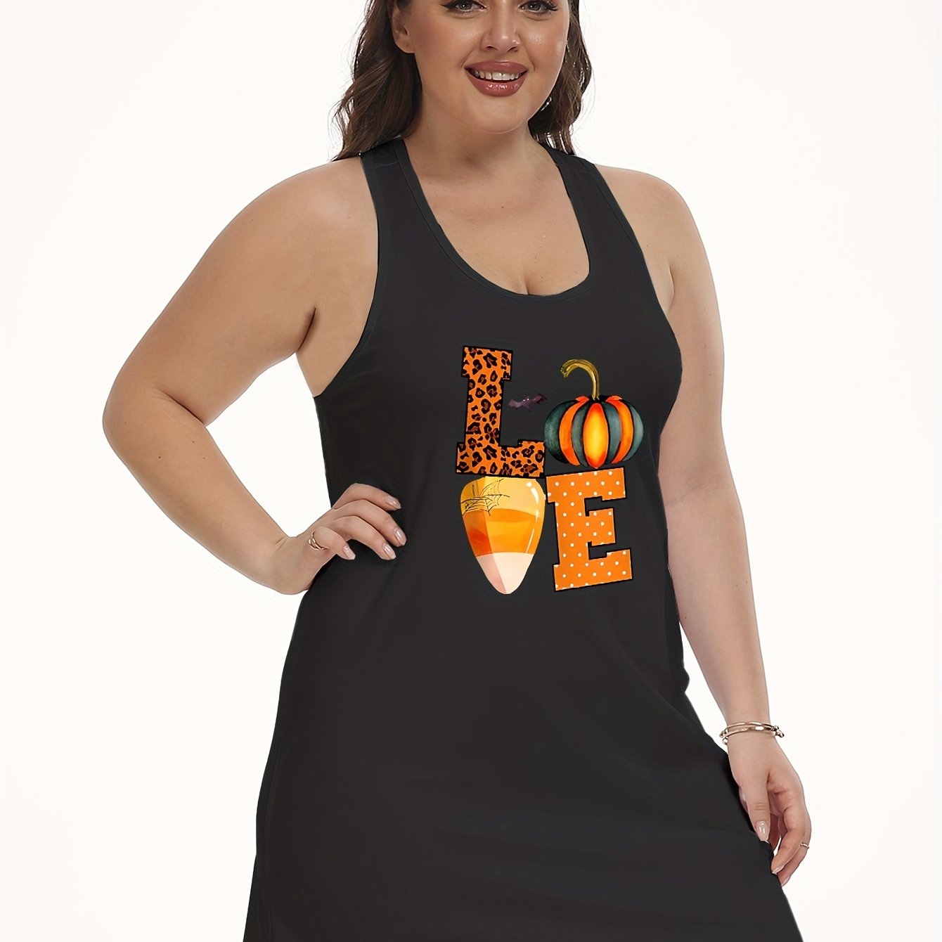 Halloween Lounge Dress Pumpkin & Bat Print Scoop Neck Stretch Tank