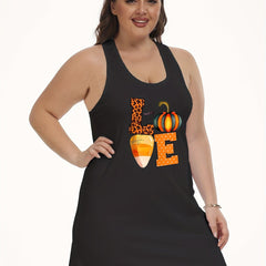 Halloween Lounge Dress Pumpkin & Bat Print Scoop Neck Stretch Tank