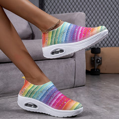 Women's Rhinestone Sporty Chunky Sneakers Fly Weaving Slip On Walking Shoes