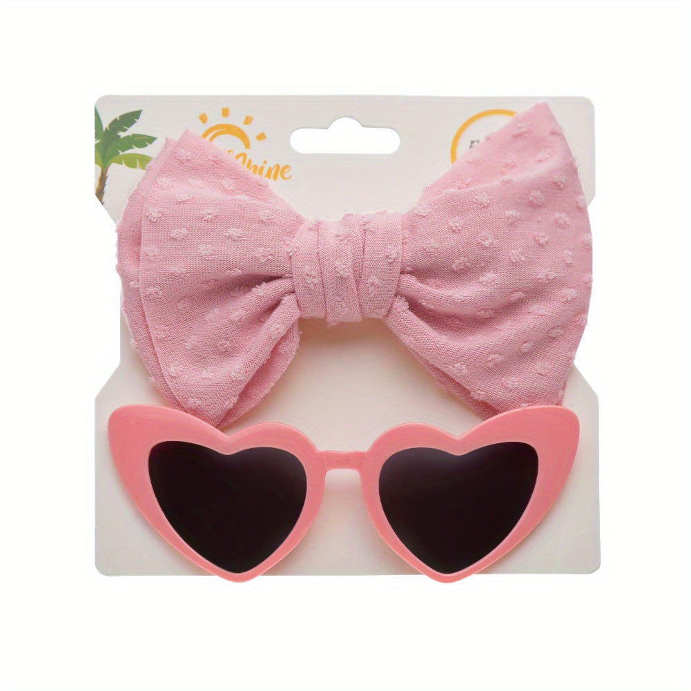 Girls Nylon Bow Headband & Heart Shaped Sunglasses Set