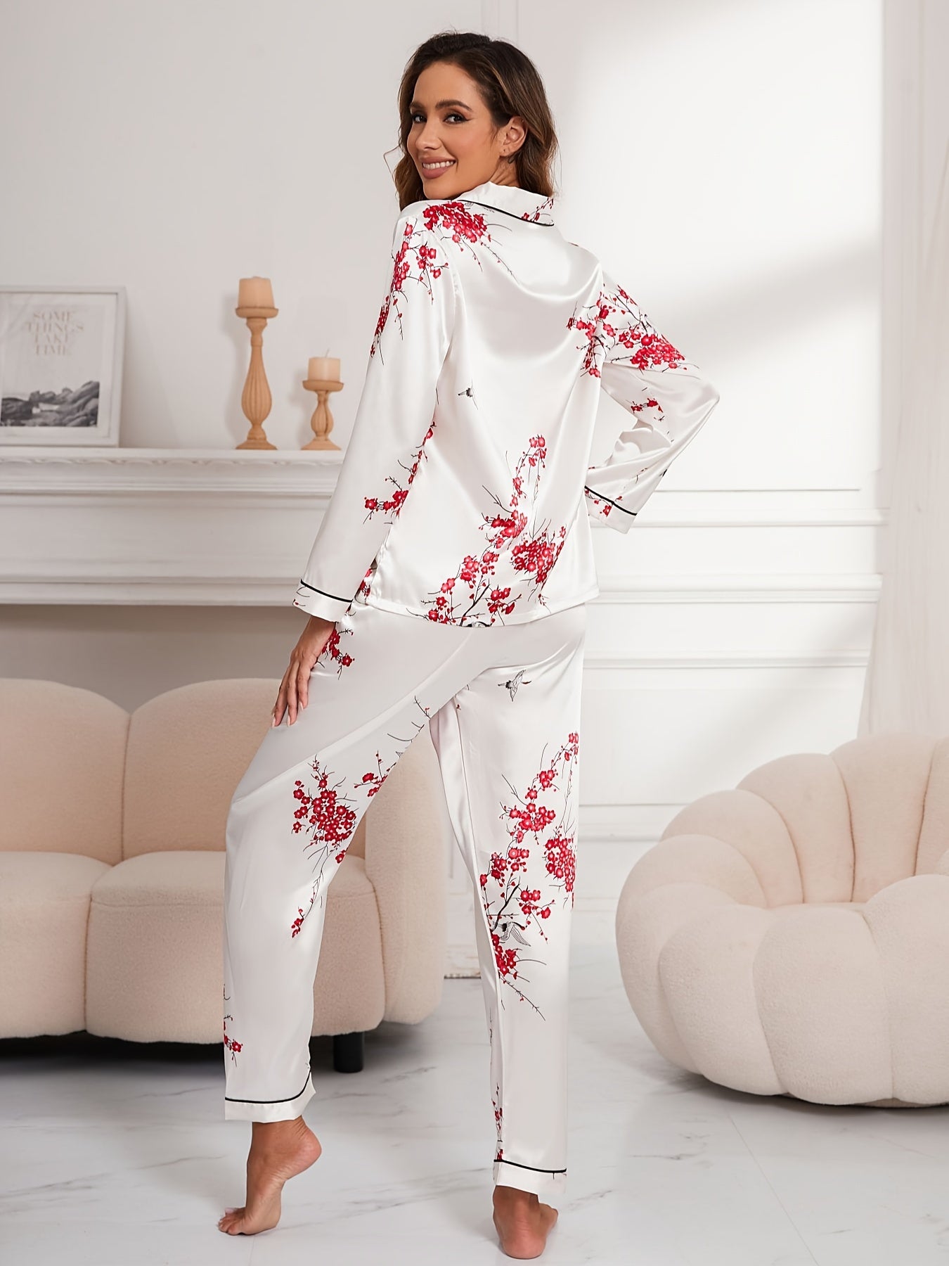Floral Print Pajama Set Long Sleeve Buttons Top & Elastic Waistband Pants