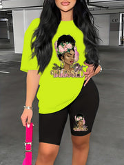 Flower Print Colorblock Lounge Set Short Sleeve Top & Cozy Shorts