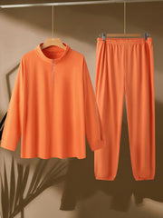 Solid Zipper Long Sleeve High Neck Top & Joggers Set