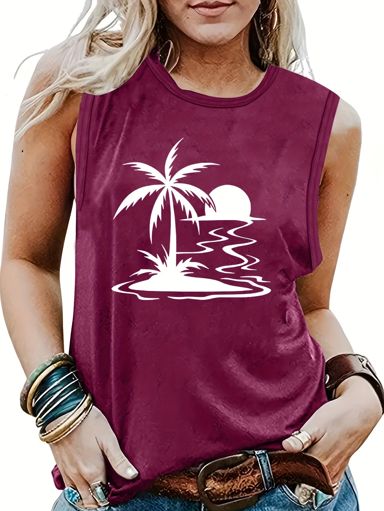 Landscape Print Crew Neck Tank Top for Summer