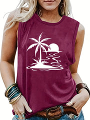 Landscape Print Crew Neck Tank Top for Summer