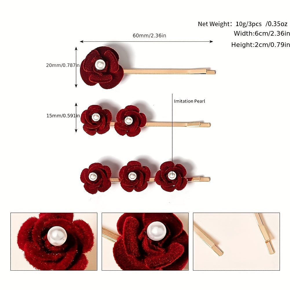 3pcs Faux Pearl Flower Bobby Pin Retro Rose Side Clip