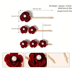 3pcs Faux Pearl Flower Bobby Pin Retro Rose Side Clip