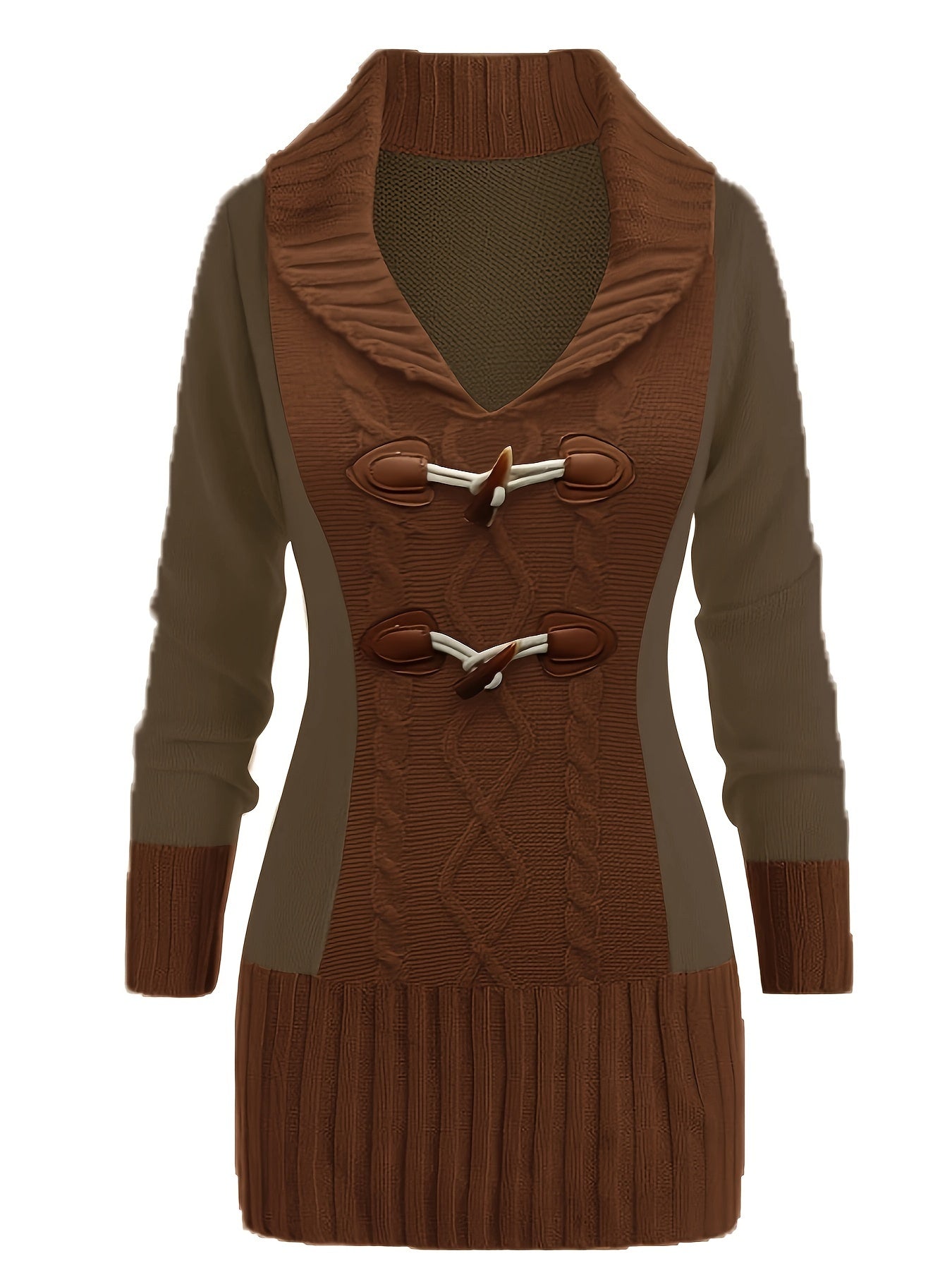Colorblock Cable Button V-Neck Mini Sweater Dress