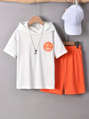 Boys Smile Graphic Hooded T Shirt & Shorts Set for Sports Leisure