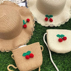 Kids Princess Beach Hat Sun Hat Cherry Straw Hat For Girls