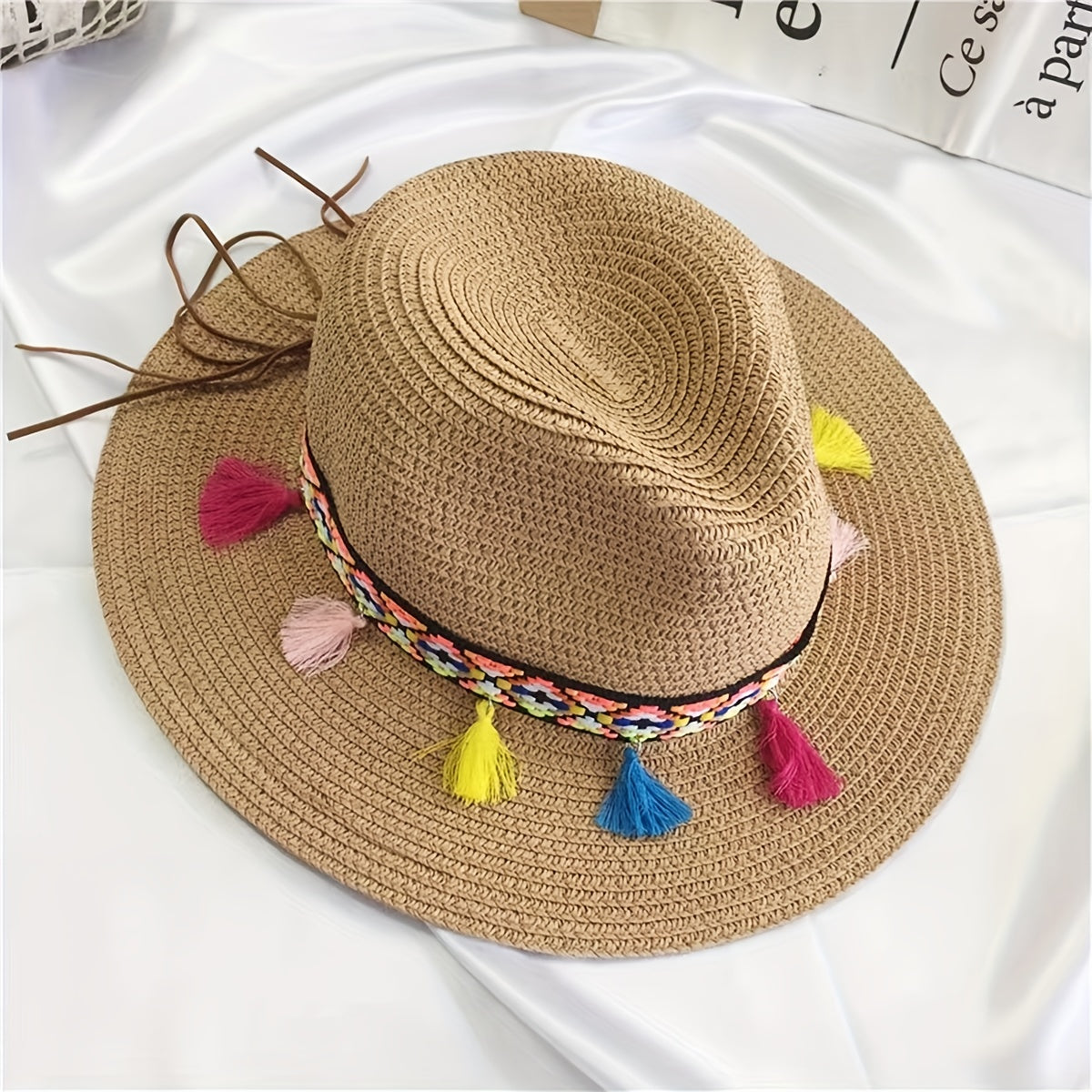 Boho Tassel Decor Sun Hat Khaki Wide Brim Beach Straw Hat