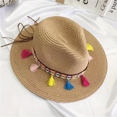 Boho Tassel Decor Sun Hat Khaki Wide Brim Beach Straw Hat