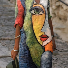 Abstract Face Print Dress Casual V Neck Half Sleeve Dress
