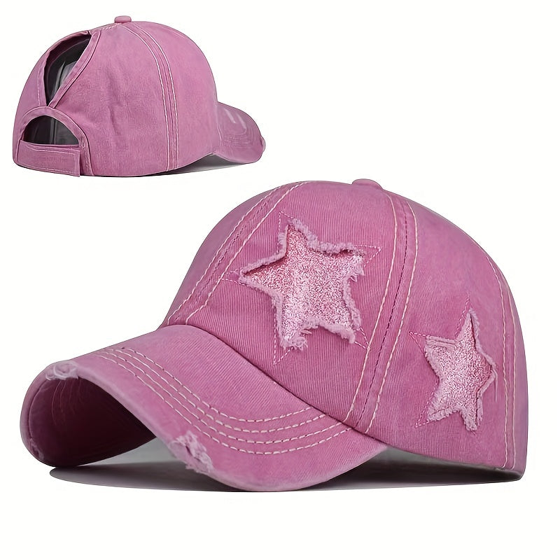 Glitter Star Ripped Baseball Cap Distressed Dad Hats Women