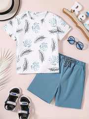 Boys Leaf Print Casual Outfit Round Neck T shirt & Shorts Kids Summer Clothes