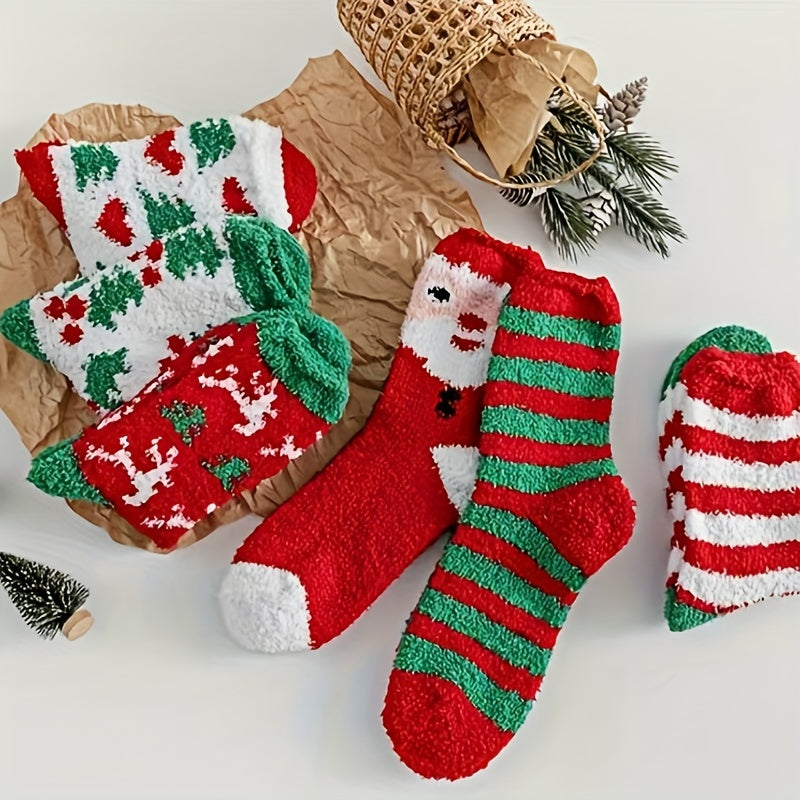6 Pairs Christmas Fluffy Socks Winter Warm Cartoon Cozy Sleep Socks