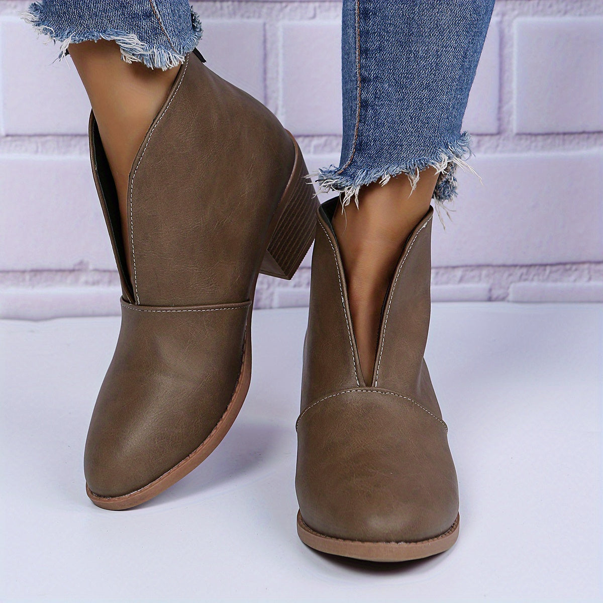 Women's Block Heel Ankle Boots Round Toe V cut Slip On Shoes Anti skid