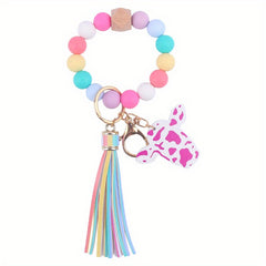 Cow Head Pattern Silicone Beaded Bracelet Keychain Pendant