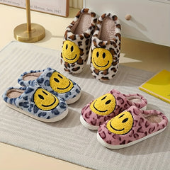 Women's Smile Face Pattern Slippers Leopard Print Plush Lined Slip On Flat Shoes