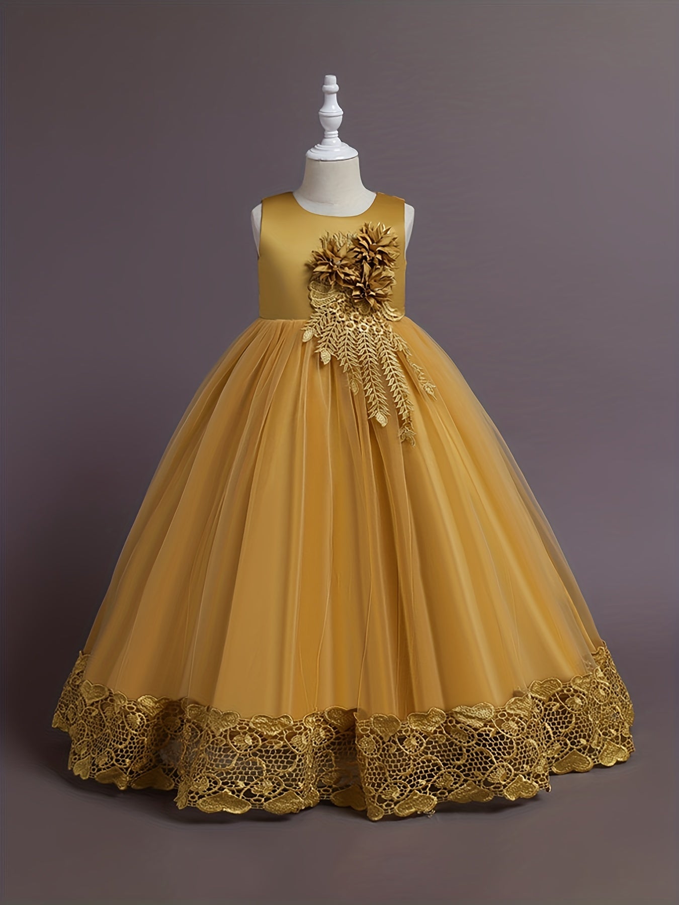 Girls Lace Embroidery Flower Princess Dress with Tutu Skirt