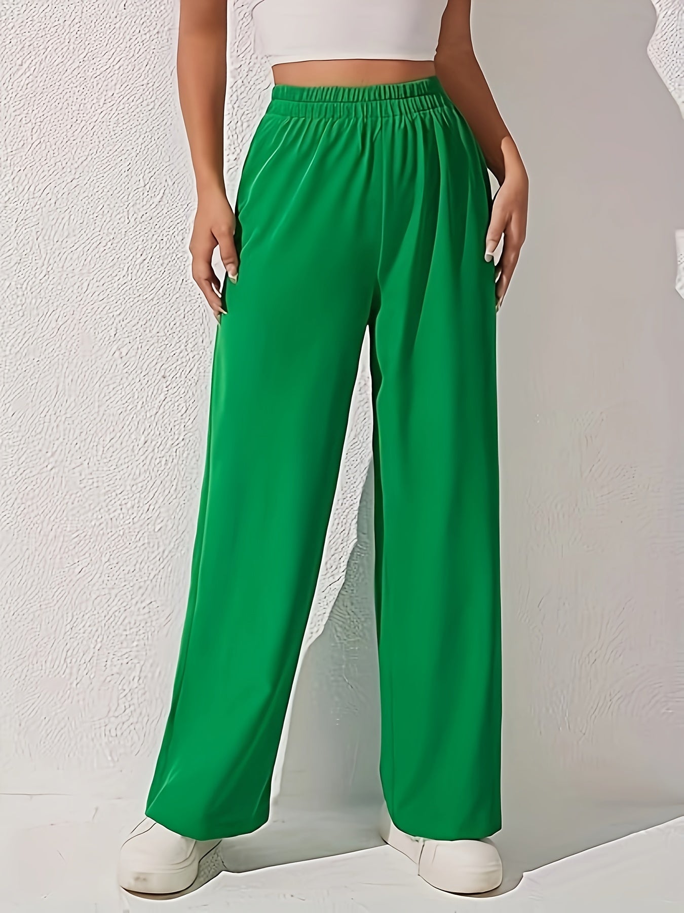 Solid Color Wide Leg Pants Elastic Waist Casual Stylish Trousers