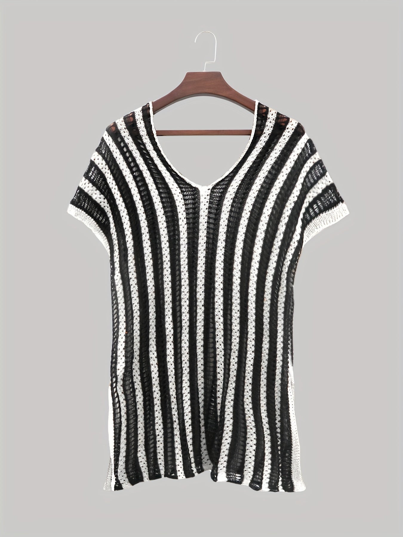 Contrast Sexy Cover Up Crochet Stripped Short Sleeve Plus Size Shirt