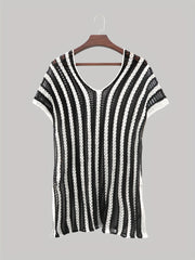 Contrast Sexy Cover Up Crochet Stripped Short Sleeve Plus Size Shirt