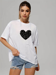 Short Sleeve Sports T-shirt Crew Neck Heart Print Women's Tee