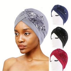 Sequin Flower Decor Turban Cap Pleated Bonnet Head Wrap
