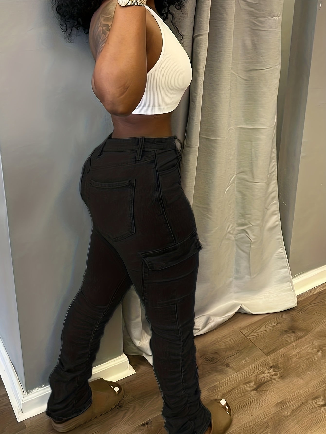 High Waist Cargo Pants Ruched Slim Fit Denim Jeans