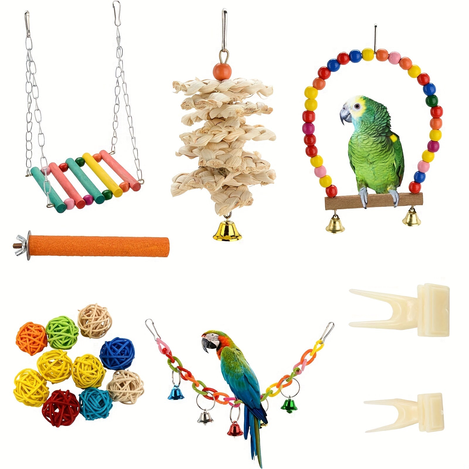 17pcs Parrot Bird Toys Set Swing Rattan Ball Bell Toy For Budgie Cockatiel