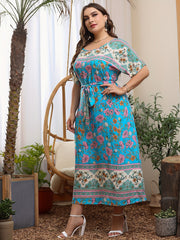 Women's Plus Colorblock Floral Maxi Dress With Belt