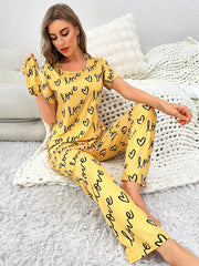 Letters Love Print Pajamas Set Short Sleeve Top & Long Pants Women's Loungewear