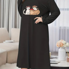 Women's Cartoon Cats Print Long Sleeve Nightdress
