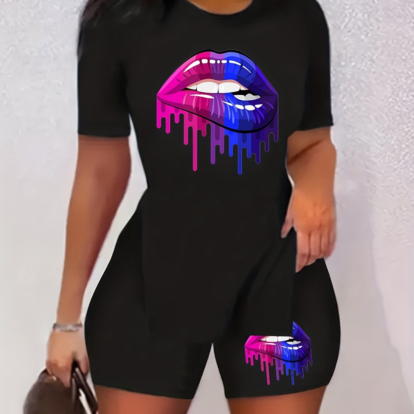 Lips Print Two Piece Set Short Sleeve T Shirt & Shorts Casual 2pcs Outfit