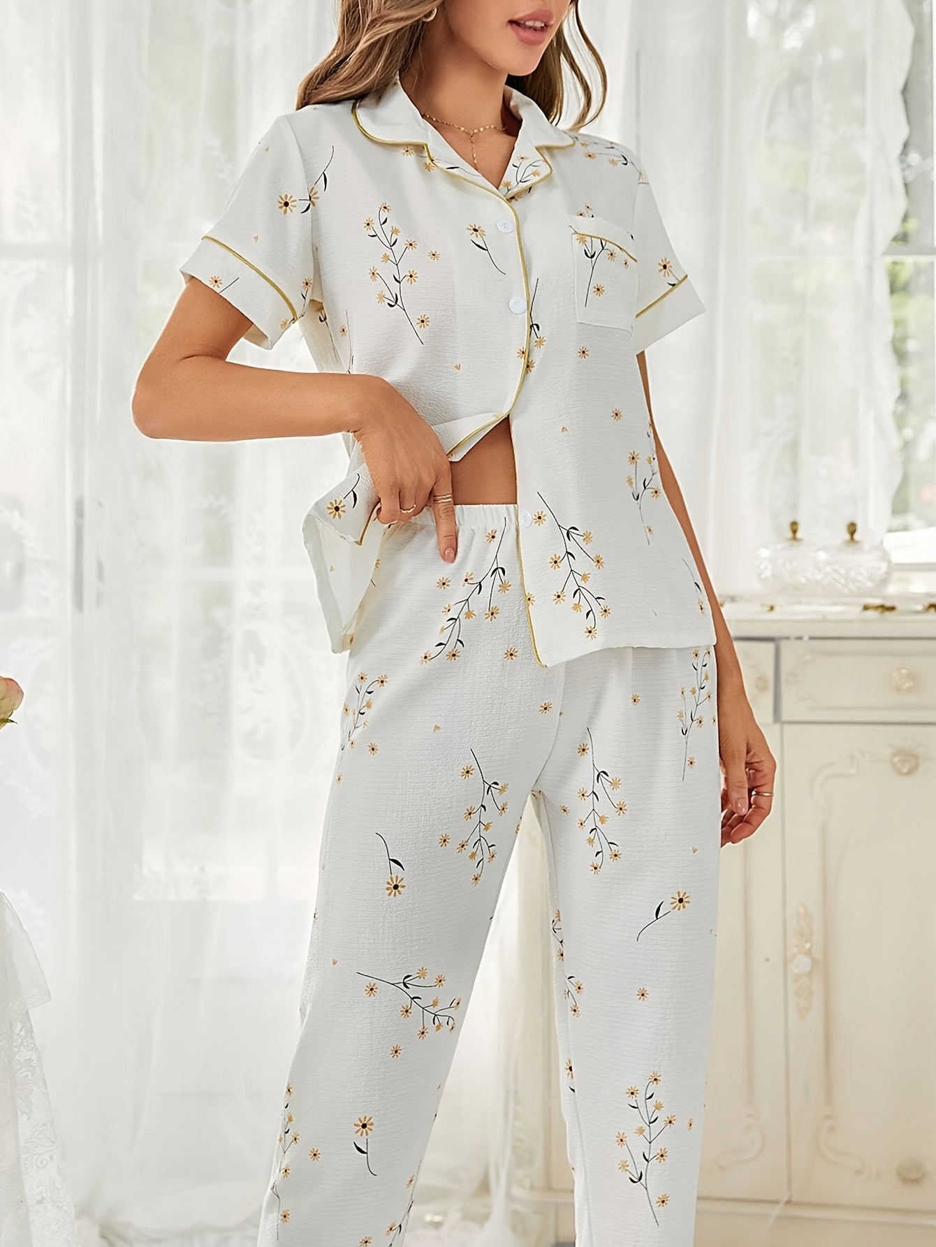 Floral Print Pajama Set Short Sleeve Top & Pants