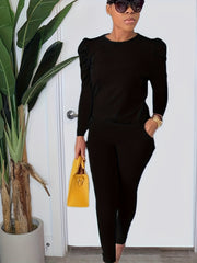 Solid Gigot Sleeve Top & Leggings Two Piece Set