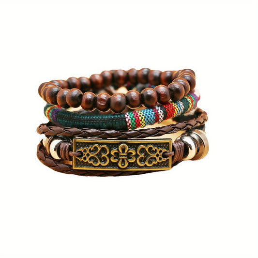 3 Pcs Pack Vintage Woven Bracelet Metal & Wooden Beads Charm Punk